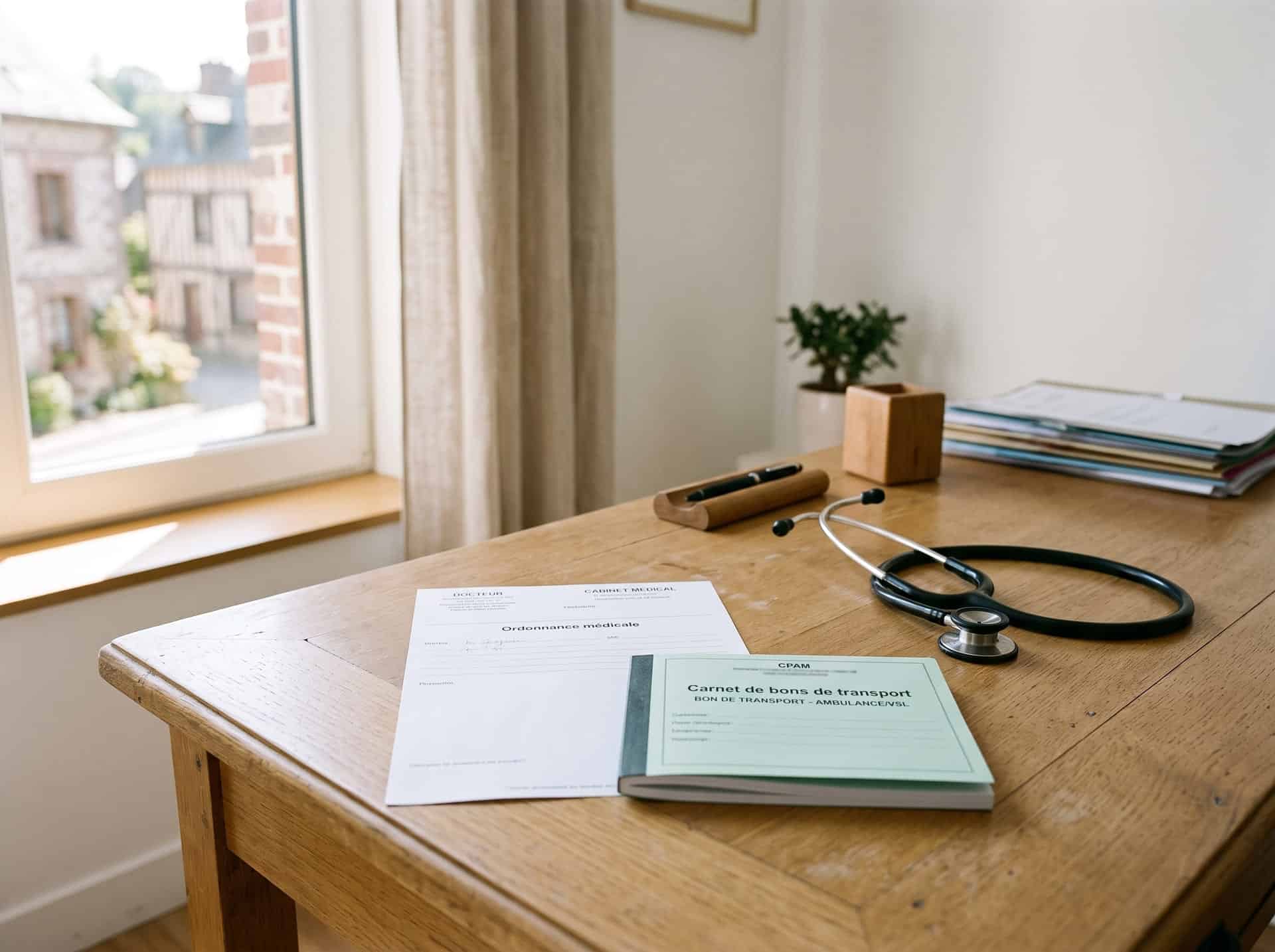 Médecin remplissant un bon de transport CPAM sur son bureau