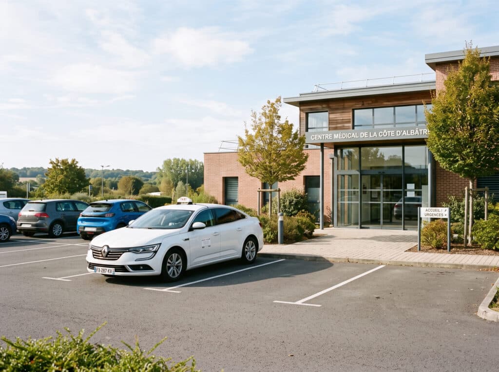Taxi conventionné stationné devant un centre médical en Seine Maritime